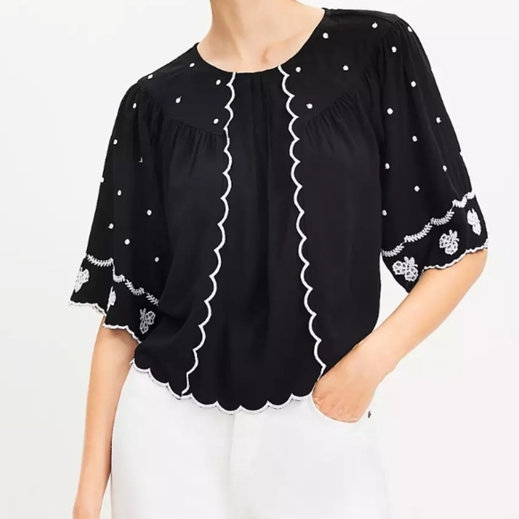 LOFT Black and White Ruffled 3/4 Sleeve Blouse NWOT - Picture 5 of 7